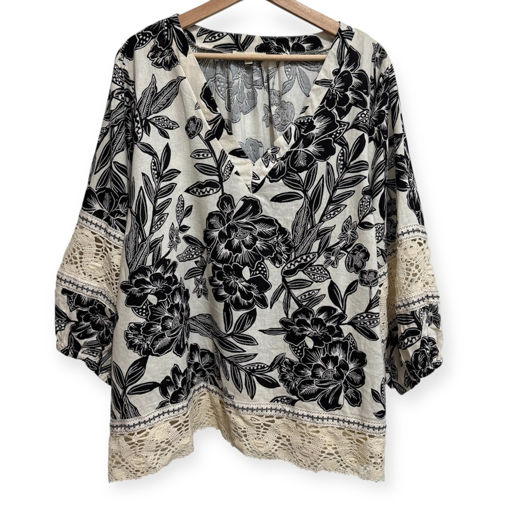 Christian Siriano Linen Blend Floral Boho Crochet‎ Lace Top 3X